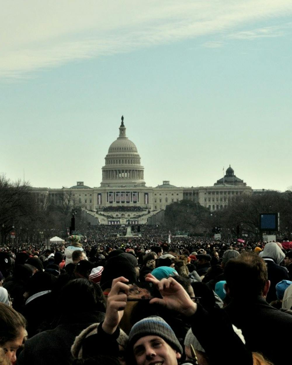 	A crowd of about a million packed the National Mall to watch President Barack Obama’s swearing-in.