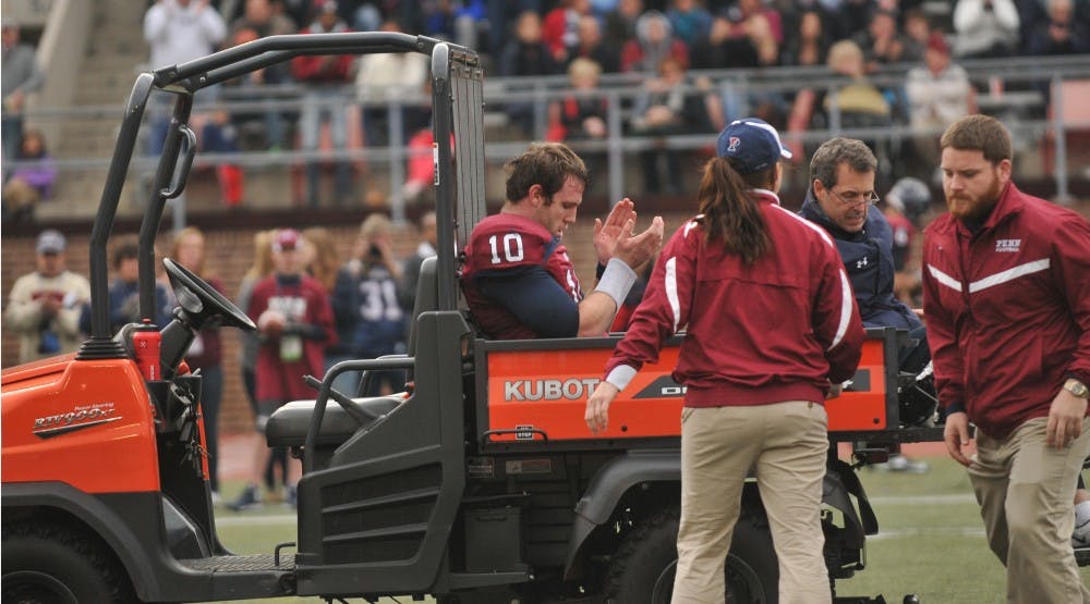 	Senior quarterback Billy Ragone was driven off the field at the end of the third quarter after dislocating his left ankle. He returned to the sidelines and watched the end of the game from the cart.