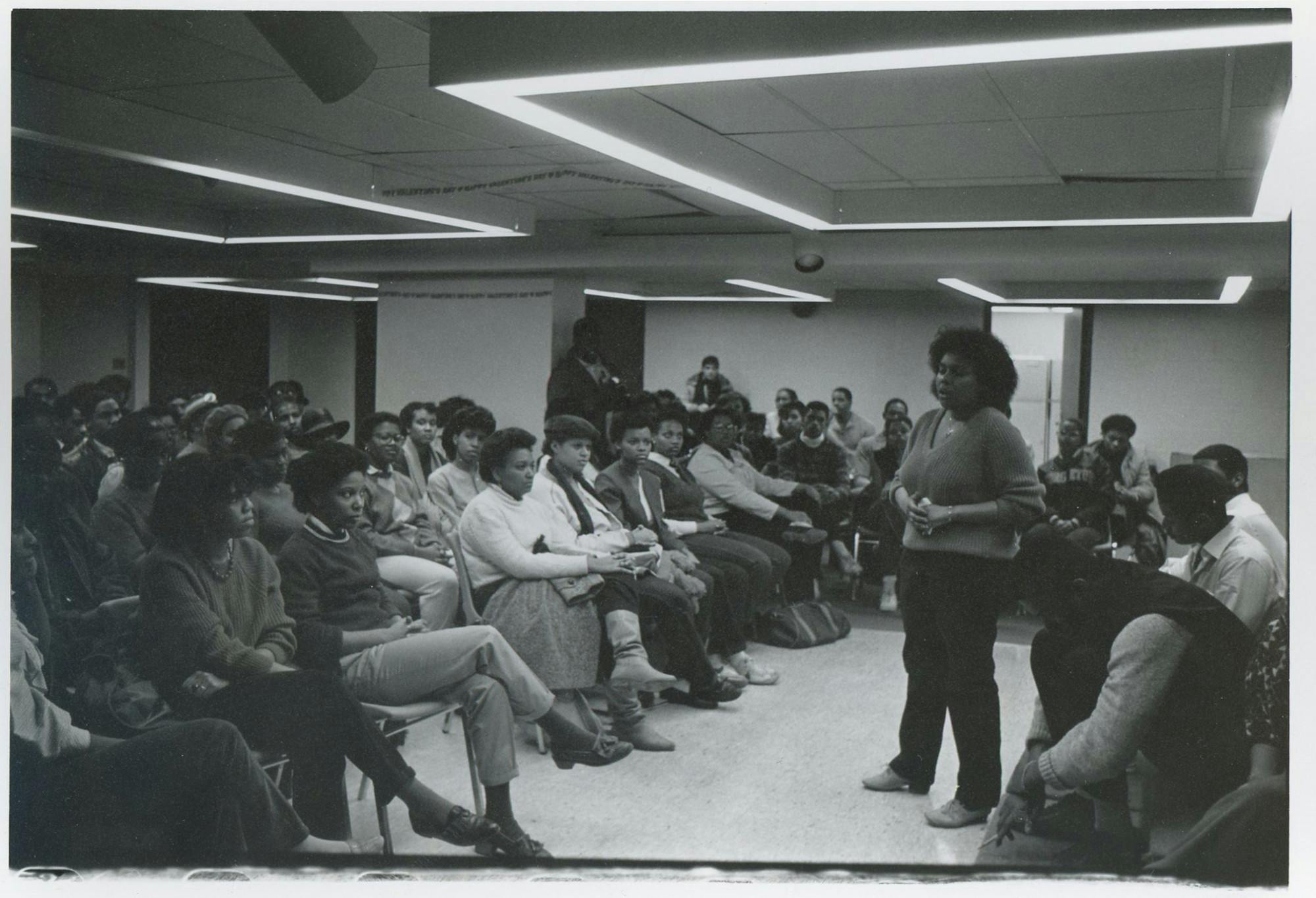(1985) Black Student Protest of Murray Dolfman - legal studies scene at WEB Du Bois House on 2.13.85 by J. Stuart Dickstein.jpg