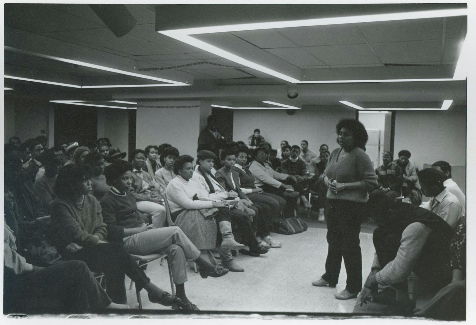 (1985) Black Student Protest of Murray Dolfman - legal studies scene at WEB Du Bois House on 2.13.85 by J. Stuart Dickstein.jpg