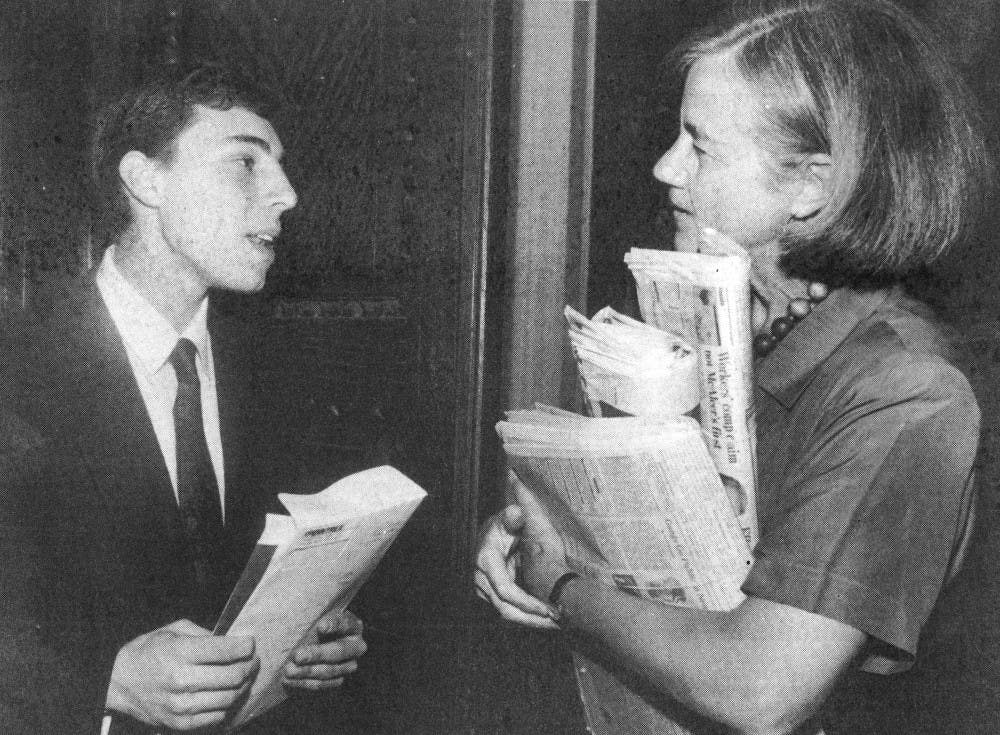 	In 1993, a student free speech activist (left) speaks with Lucy Hackney, wife of the late Penn president Sheldon Hackney, at a rally held in the wake of the controversial water buffalo affair.