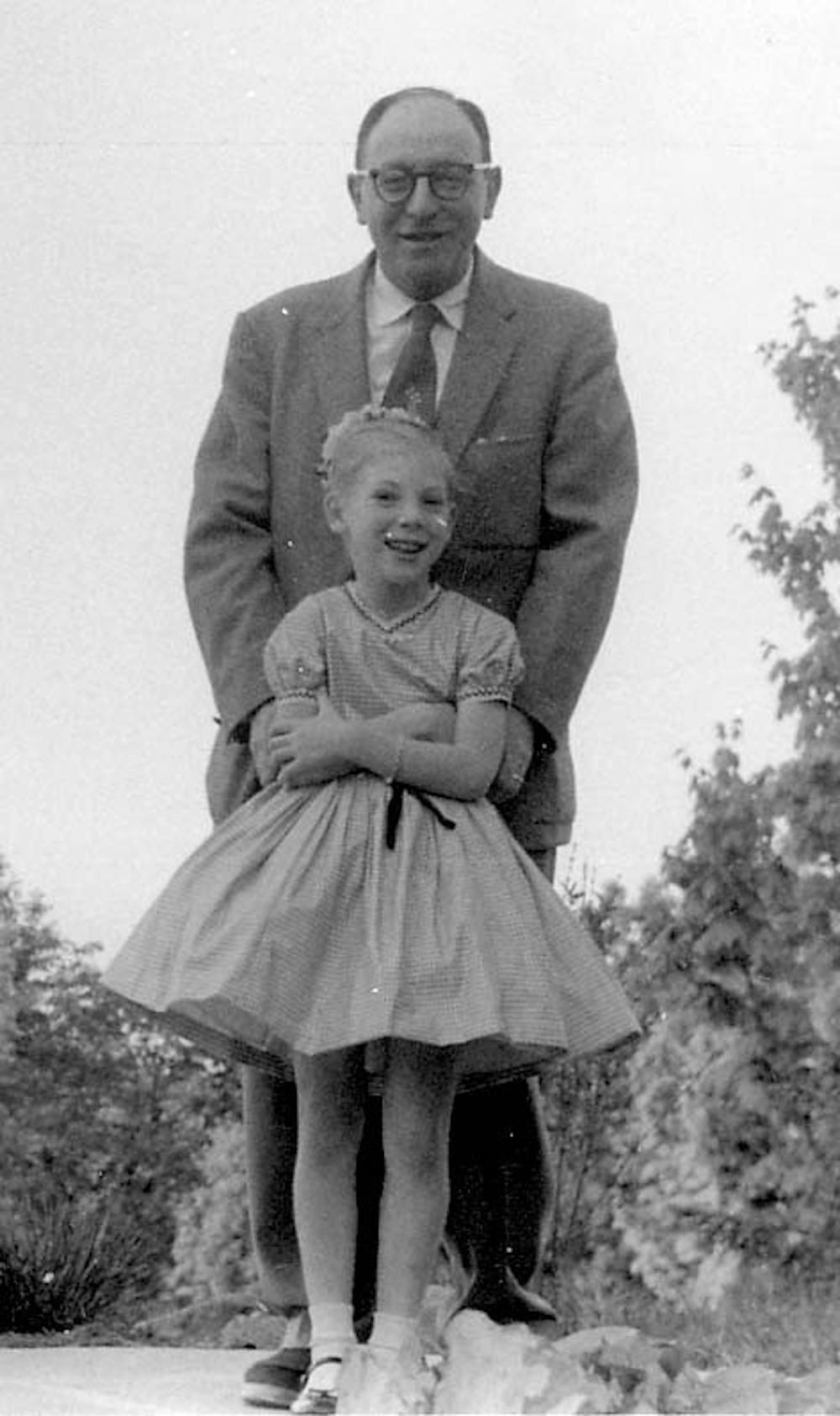 	President Gutmann is shown here at a young age with her father in Monroe, NY . Gutmann’s father helped his family survive by escaping Nazi Germany early on. To this day, Gutmann cites her father as an important influence in her life.