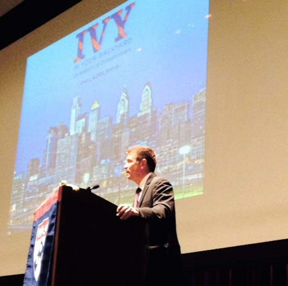 	Dean of Admissions Eric Furda welcomes high school seniors to the “Ivy in Your Backyard” seminar, which advised students on college essays and gave an overview of life at Penn. 