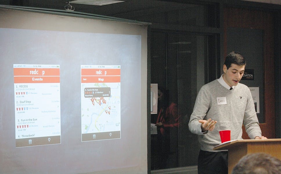 	College freshman Chris Hariz represents his team, Red Cup, at the Weiss Tech House’s Elevator Pitch Challenge. His team pitched a mobile application in 120 seconds that both rates parties and shows their locations. Team Red Cup won the Audience Choice Award and $100.
