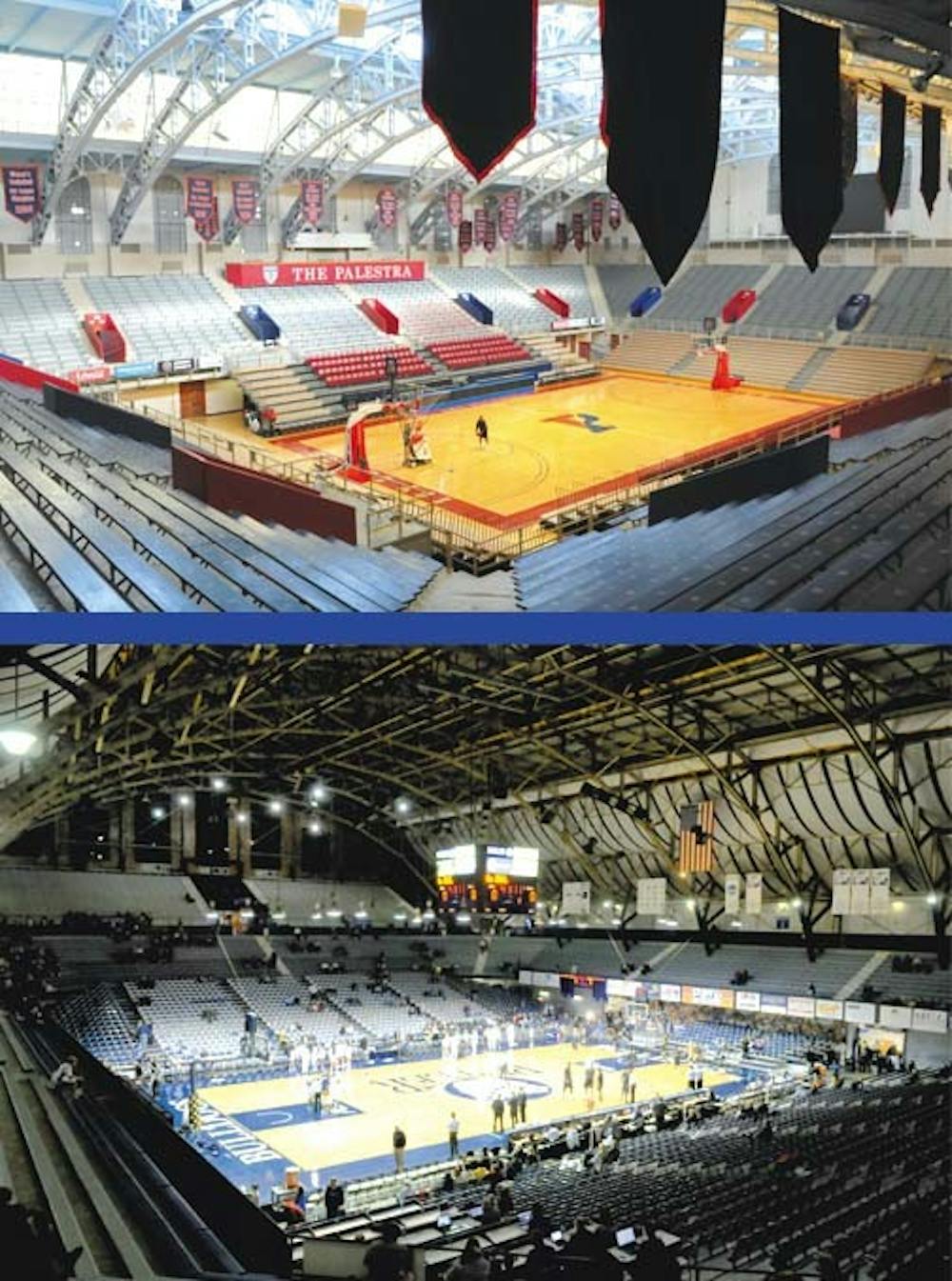 	The Palestra (top) has been home to Penn men’s basketball since Jan. 1, 1927. The Quakers fell to No. 17 Butler, 70-57, at Hinkle Fieldhouse (bottom) in Indianapolis last week.