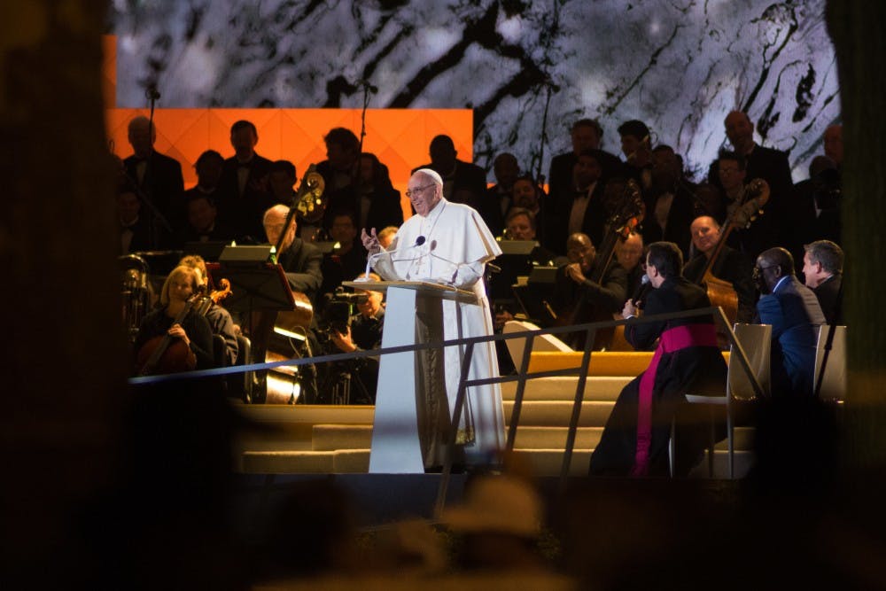 Pope Francis I addressed thousands of guests at the Festival of Families Saturday night. He was joined on stage by performers like Andrea Bocelli, Aretha Franklin, The Fray and Juanes.