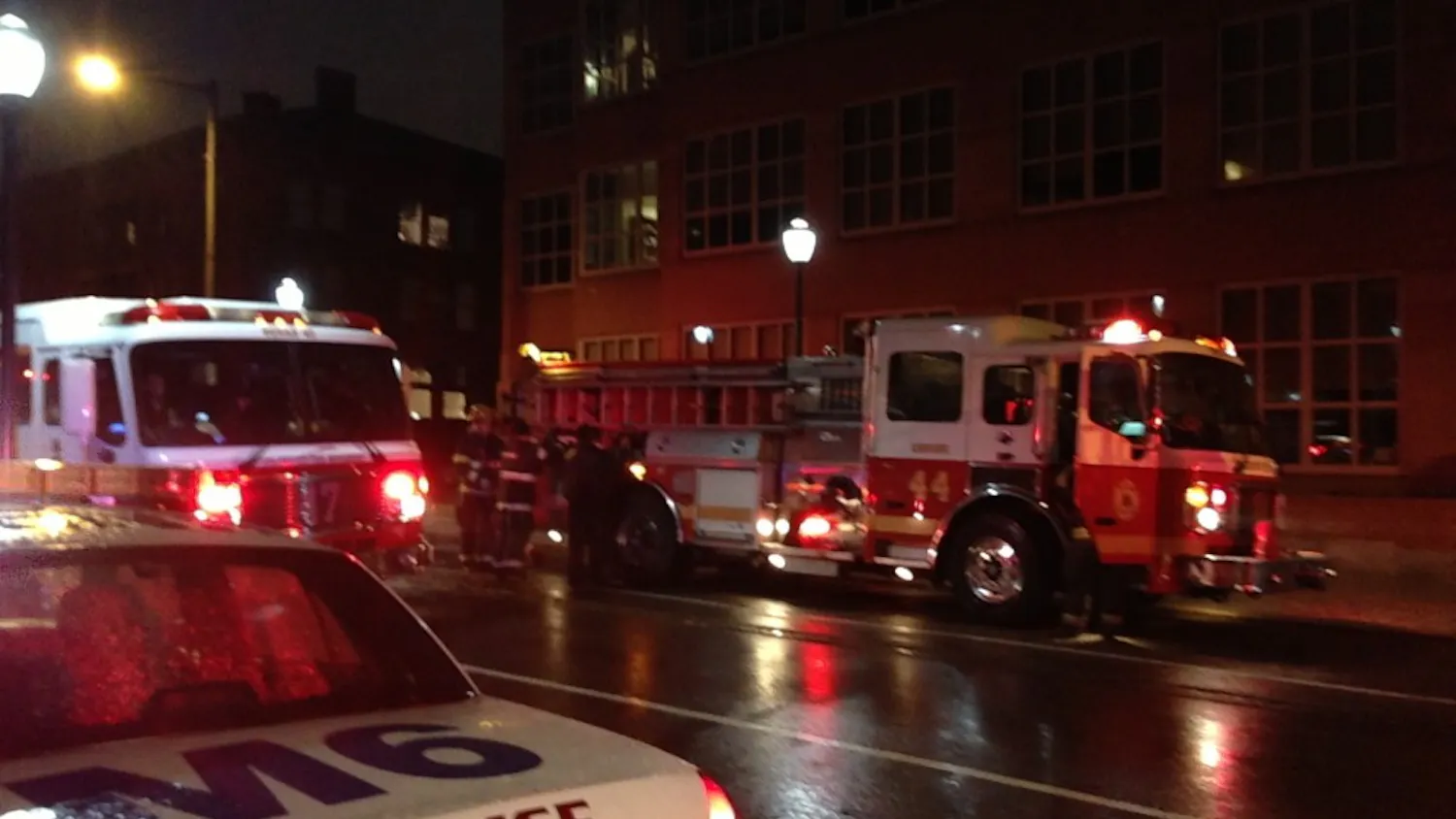 Firetrucks respond to a Hazmat incident at Vagelos Labs this morning.