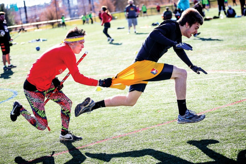 Courtesy of Isabella Gong.Engineering sophomore Sam Gaardsmoe was the golden snitch who was caught by the seeker of the Muhlenberg Quidditch Association.