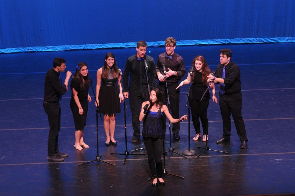 	Jewish a capella group the Shabbatones sings at Freshman Performing Arts Night, an annual event introducing new students to the many performance arts groups offered at Penn.  