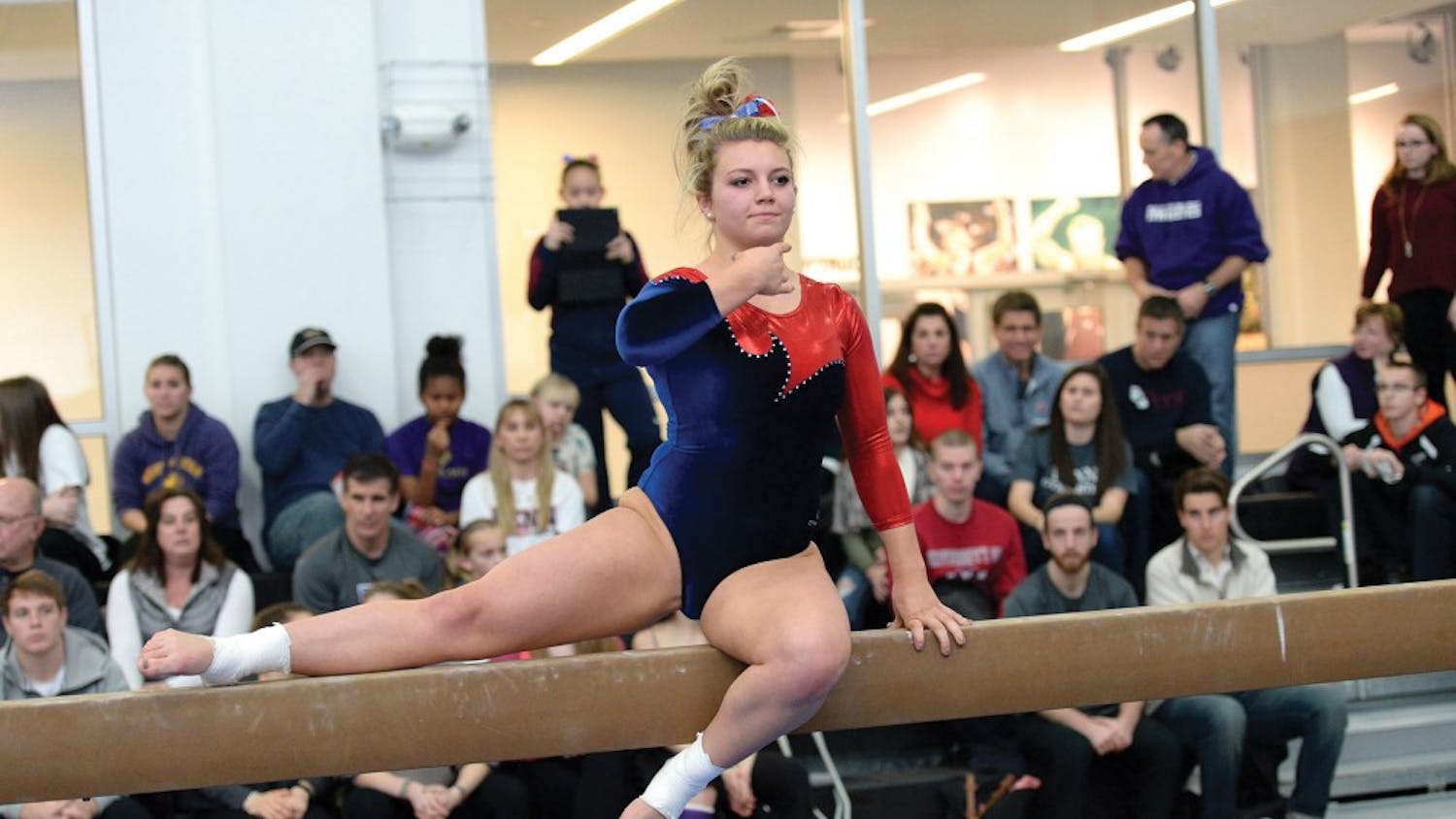 Sophomore Ally Podsednik had a banner day for the Red and Blue, winning vault and placing fourth on beam.