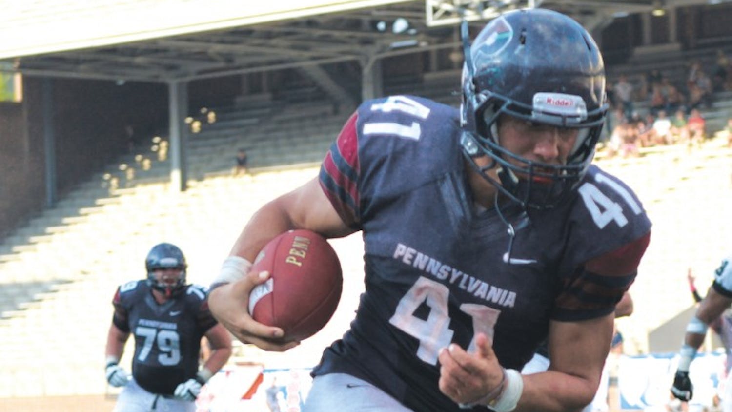 PHILADELPHIA, PA - OCTOBER 05: Penn defeated Dartmouth in 4 overtimes Franklin Field on October 05, 2013 in Philadelphia, Pennsylvania.. (Photo by Drew Hallowell)