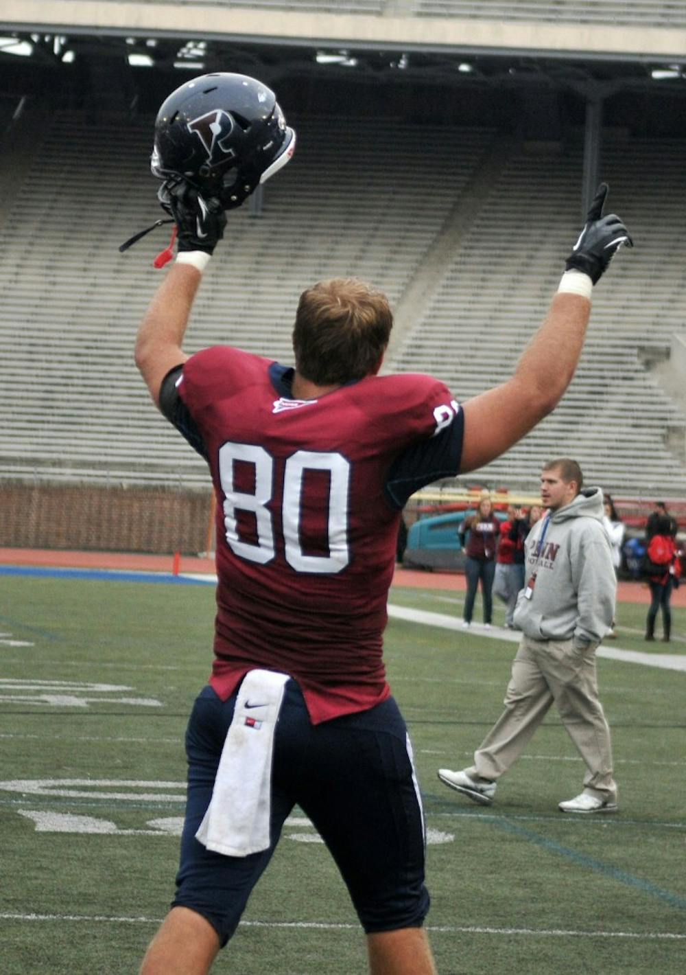 	Senior tight end Ryan Allen celebrates Penn’s third Ivy championship in four years after the Quakers beat Harvard Saturday, 30-21, at Franklin Field.