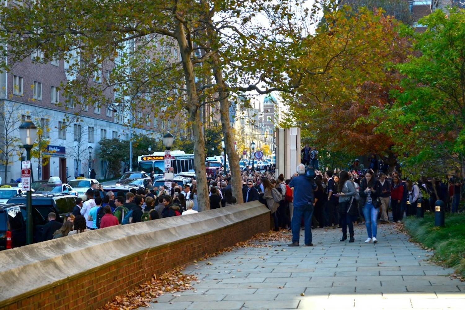 A crowd of Penn students gathered outside Irvine Auditorium to see the Vice President.