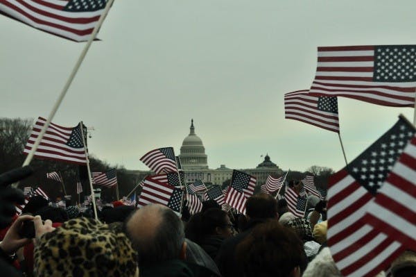 	Around a million spectators look along the National Mall look on as President Barack Obama is inaugurated for a second time. 