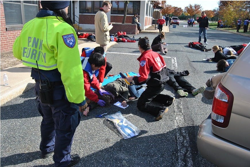 	Members of Penn’s Medical Emergency Response Team attended to about 65 “victims” at a simulated chemical spill for their 4th Mass Casualty Incident Drill. The team cleared the simulation hour in about 30 minutes, improving on last year’s time