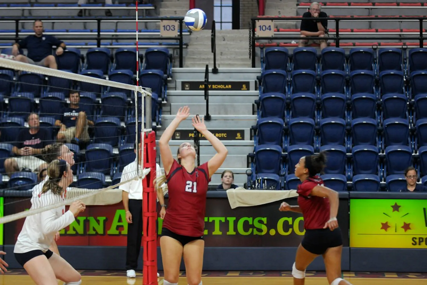 Junior setter and captain Sydney Morton (#21) had a huge game for Penn Volleyball, with 48 assists, 10 digs and nine kills