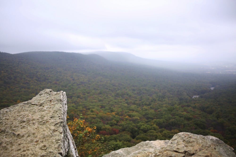 Hawk Mountain, a hiking and conservation area in the Appalachians in east-central Pennsylvania near Allentown, offers an impressive view of the valley below.
