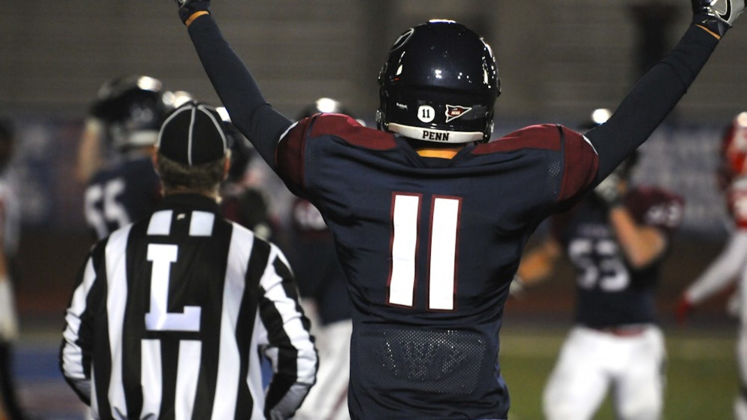 Sophomore wide receiver Andrew Sutton celebrates after Penn sprint football scores what would become the game-winner in double overtime against Cornell.