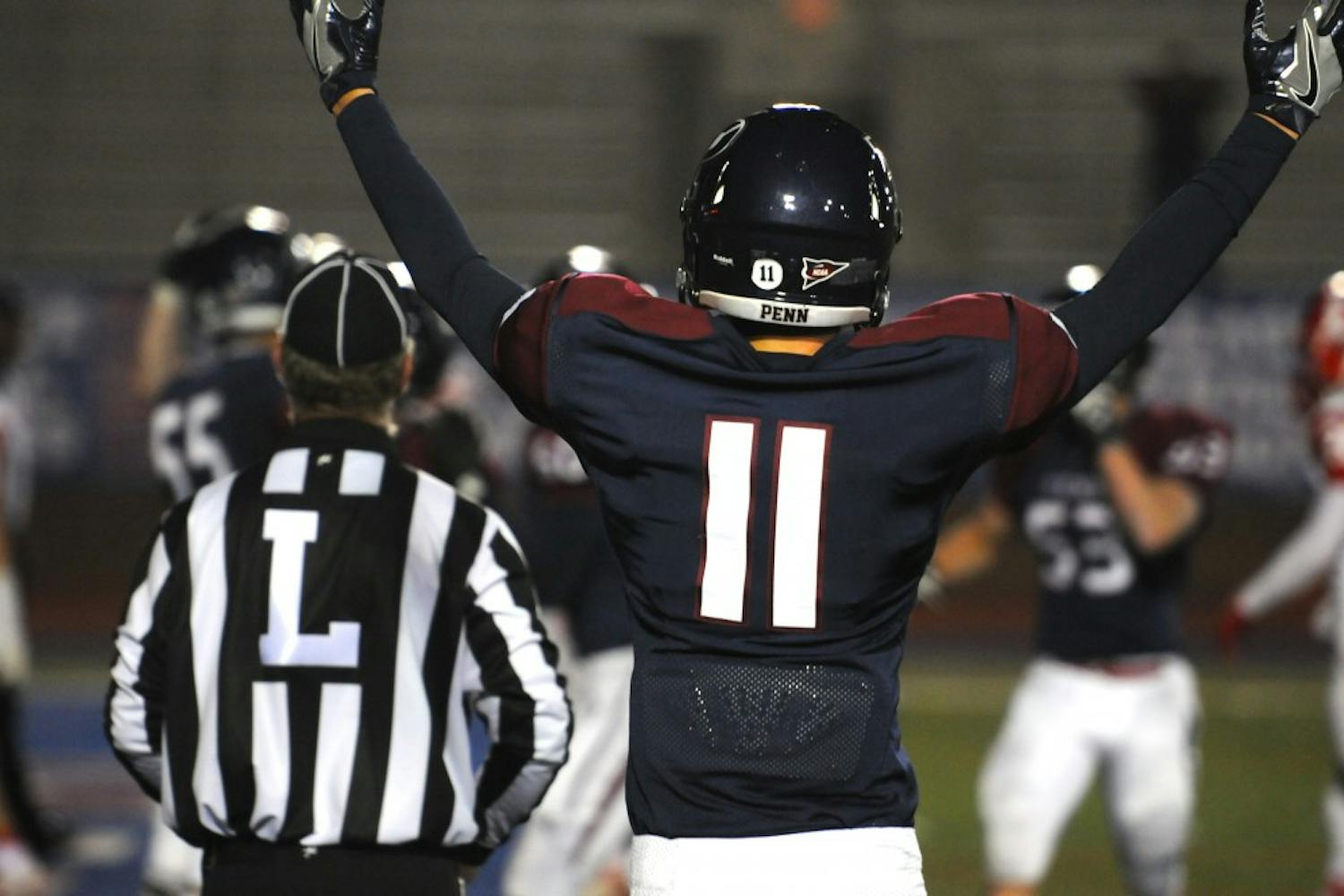 Sophomore wide receiver Andrew Sutton celebrates after Penn sprint football scores what would become the game-winner in double overtime against Cornell.