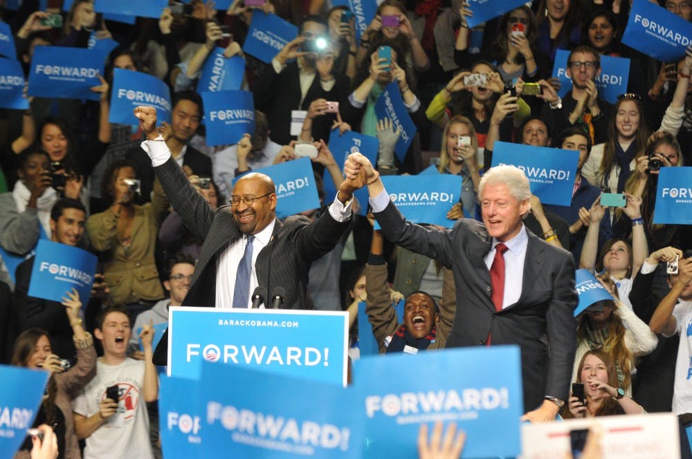 Former President Bill Clinton spoke at an Obama campaign rally in the Palestra the night before the election. Ed Rendell and Michael Nutter also delivered remarks. 