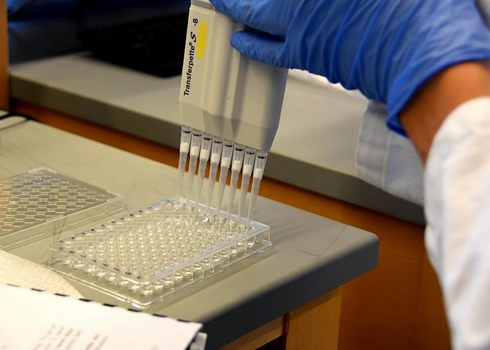 Biology lab research bioengineering lab pipette pipet 8 prong pipette gloves bio 94 well plate 