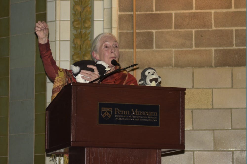 Primatologist Jane Goodall spoke about her work with chimpanzees at the Philomethean Society's annual oration on Thursday.