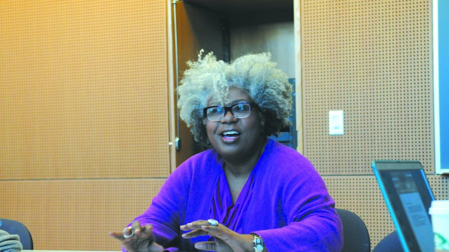 Religious studies professor Anthea Butler gives an interview in Fisher-Bennett Hall.