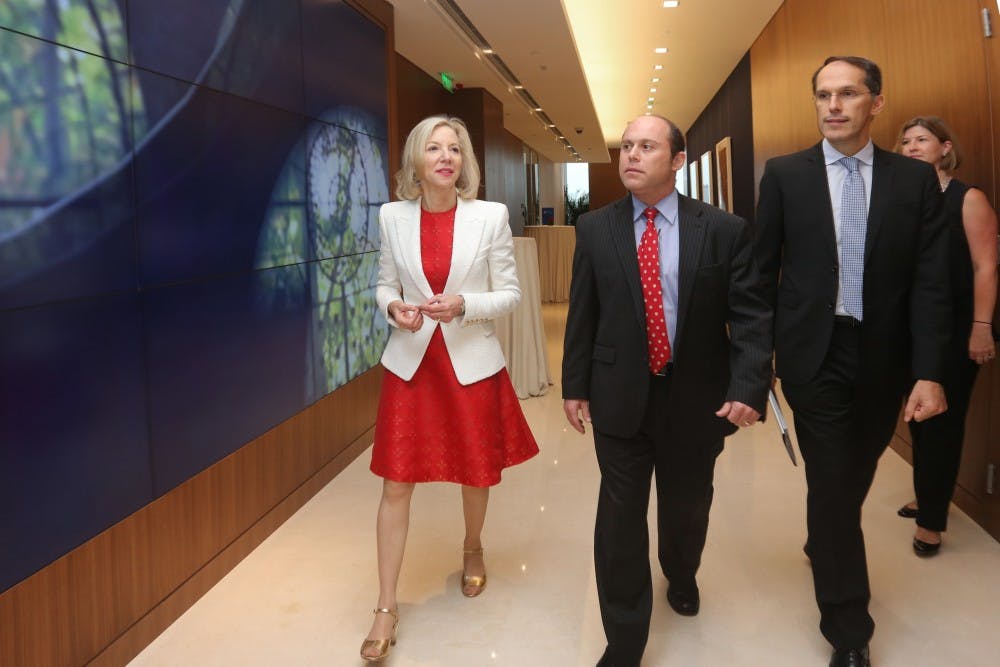 Penn President Amy Gutmann on a presidents' tour at the Penn Wharton China Center, where last week she announced the first recipients of the Penn China Research and Engagement Fund awards. | Courtesy of Laura Cavender/University of Pennsylvania