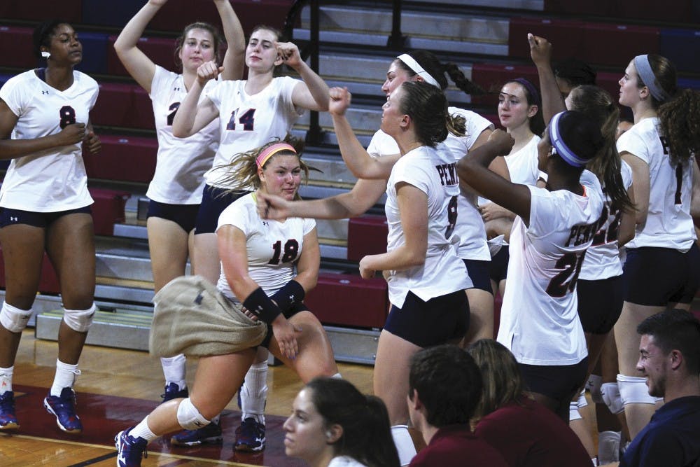 Penn volleyball's bench consistently cheers on the players on the court with positive energy and fun chants.