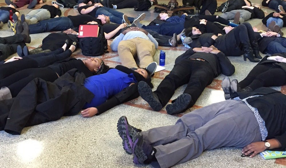 70 students laid in silence on the floor of Penn Law in solidarity with protestors around the country after the events in Ferguson.