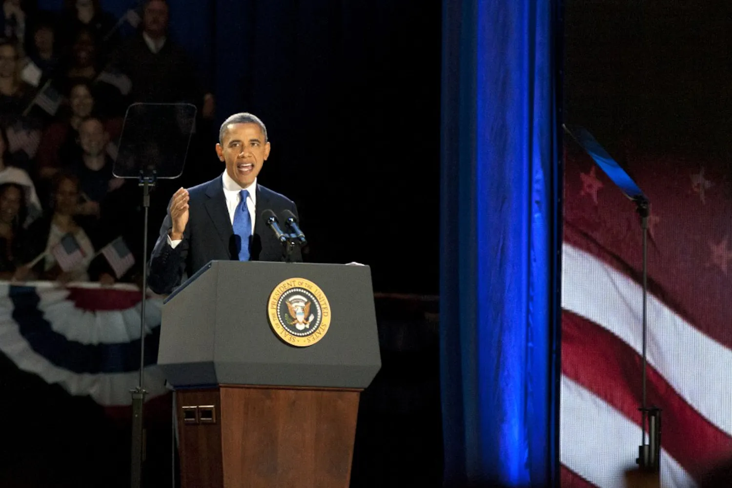 President Barack Obama spoke in Chicago following his re-election victory Tuesday night. Television networks and national media outlets began calling the election for Obama at around 11:20 p.m. Tuesday. In his victory speech, Obama predicted that “the best is yet to come” in his remaining four years in the White House.