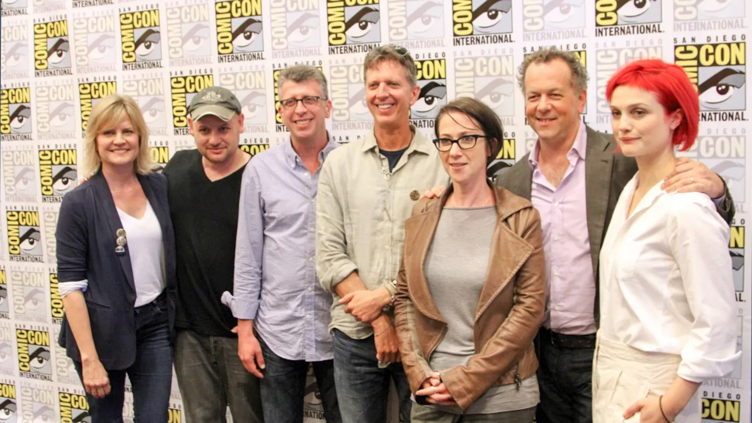 "Dig" panel at San Diego Comic Con 2014. From left to right: writer Carol Barbee, co-creator Gideon Raff, producer Richard Rothstein, co-creator Tim Kring, director S.J. Clarkson, David Costabile, and Alison Sudol.