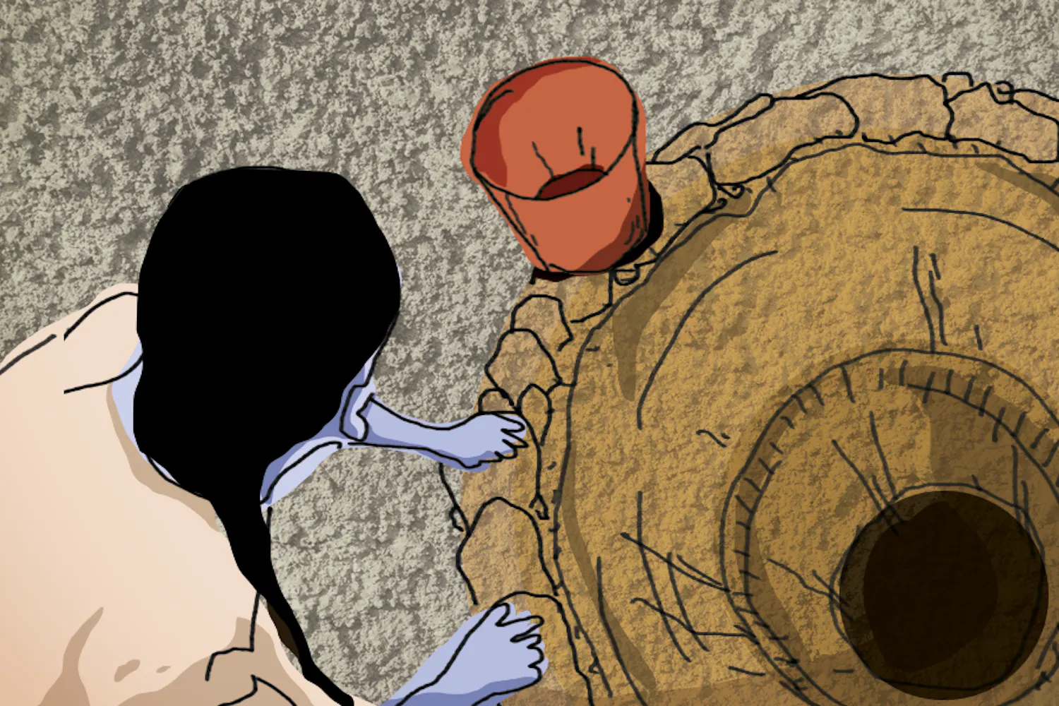 woman looking into dried up well.png