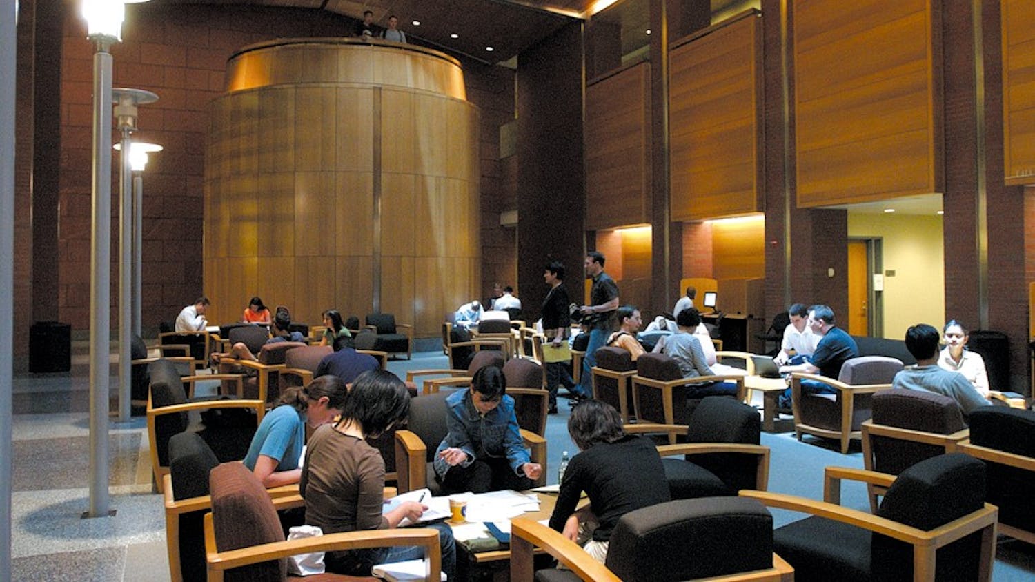 Huntsman Hall. A study area in the middle of the building with a Darth Vader lookout post in the far end.