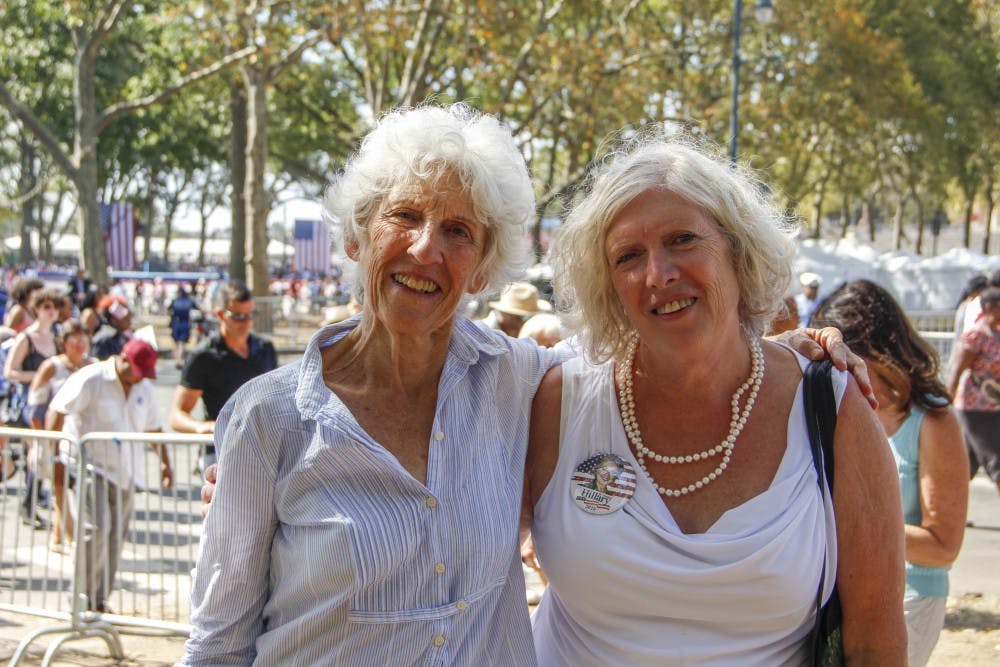 From left to right, Hillary supporters Tasha Stonorov and Margaret Shick. Shick is a Clinton campaign volunteer in Athens, Georgia. Stonorov was thrilled to see President Obama: 