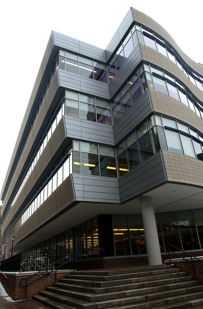 The Pottruck Fitness Center, now completely constructed with four floors draws a large crowd of lifters and university personel.