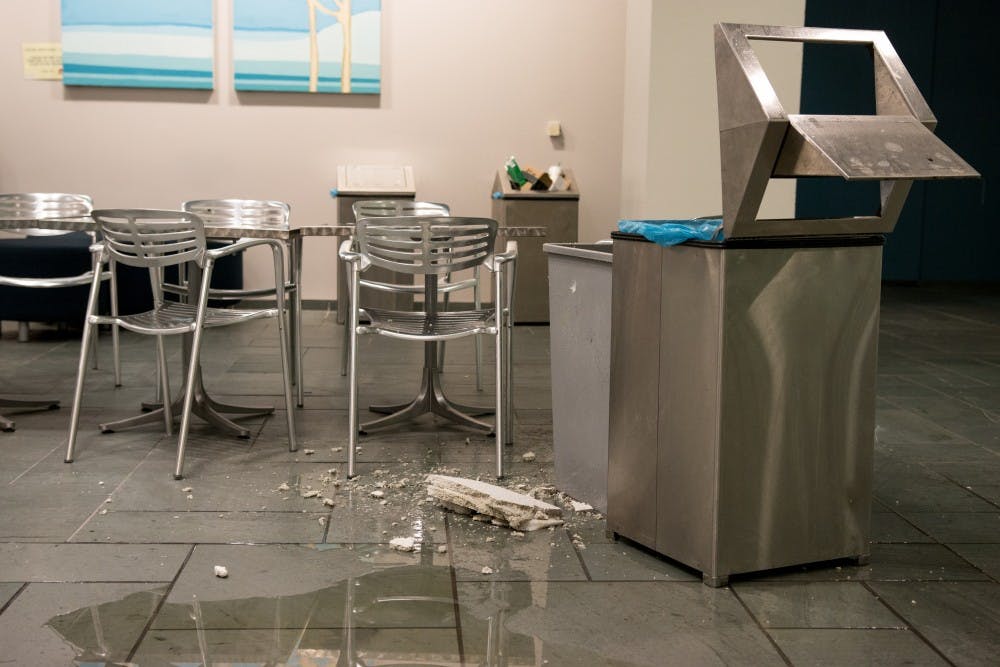 Tiles in the Harnwell mezzanine fell, giving way to water from the pipes above. 