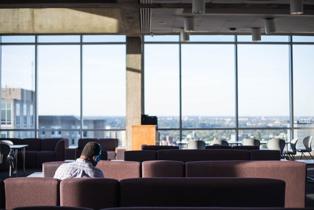 Students study in the Harrison Rooftop Lounge in preparation for the first round of midterms.