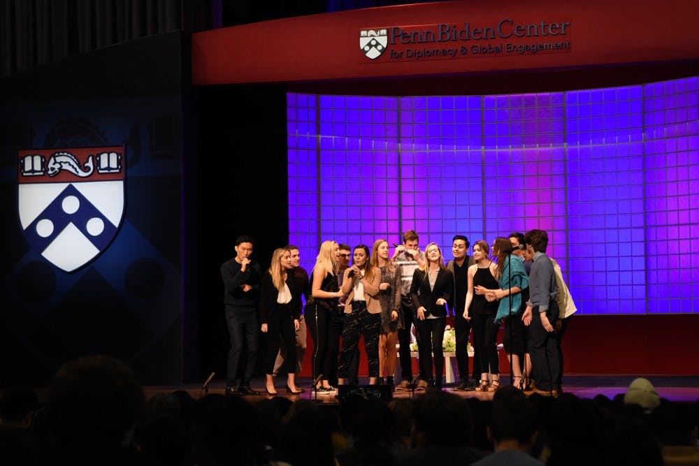 Penn a capella group Off the Beat performed before Biden entered the auditorium.