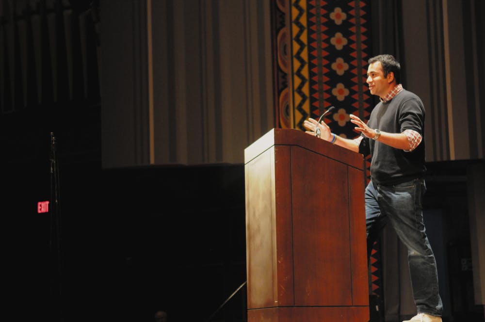 	Actor and producer Kal Penn, speaks to a crowd of 600 at Irvine Auditorium. In 2008, Penn lectured in the Univeristy’s Cinema Studies Program. He is also co-chair of Obama’s 2012 re-election campaign.