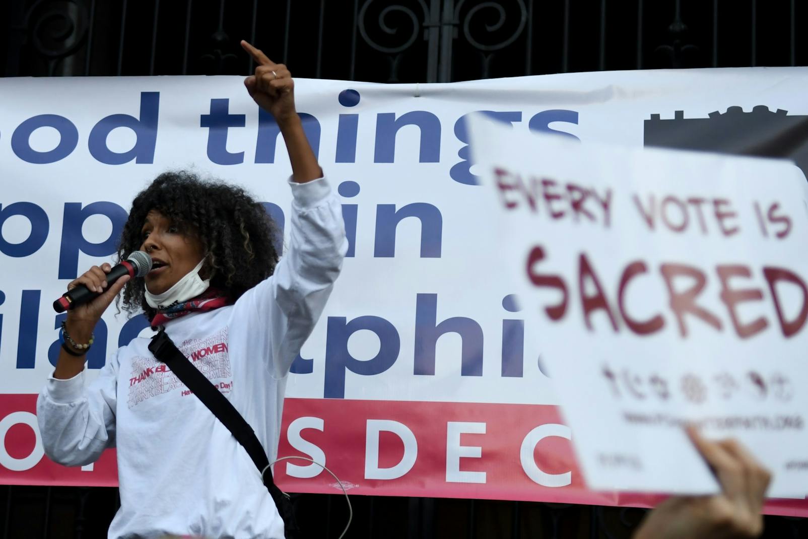 11-07-20 Penn and Philadelphia Celebrates Joe Biden Elected President of the United States Samantha Rise Activist Speaker Tight Shot_.jpg
