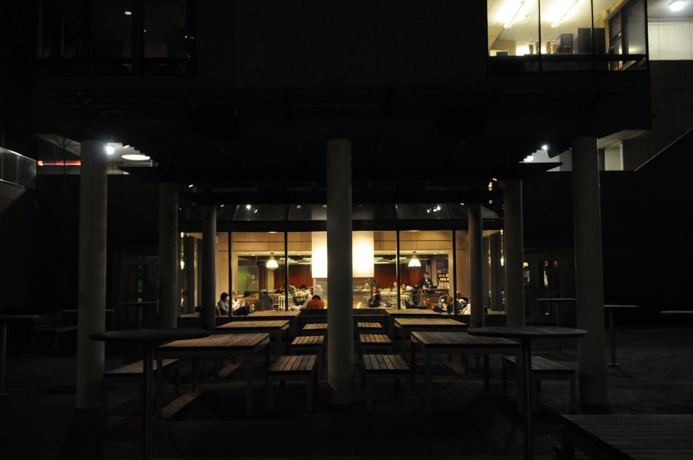 Students studied inside Starbucks Under Commons on a cold night.