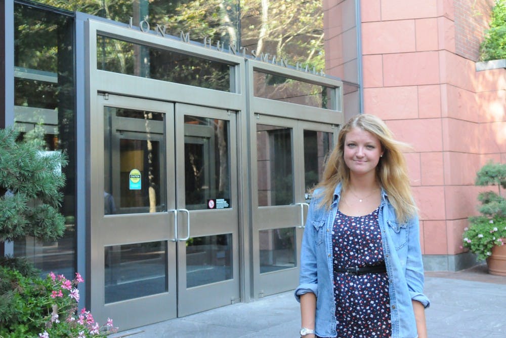 Wharton junior Jennifer Knesbach in front of Huntsman Hall, where many of her classes include mostly male peers.
