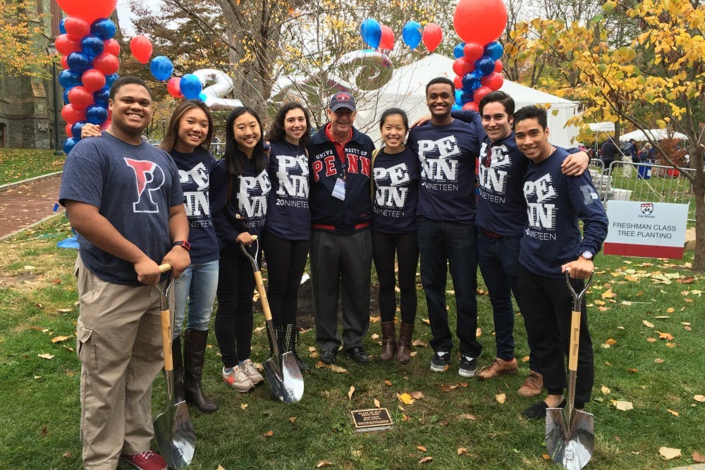 The Class Board of 2019 smiles for a picture during the planting of the The Class of 2019 Penn tree. | Courtesy of Toto Nguyen