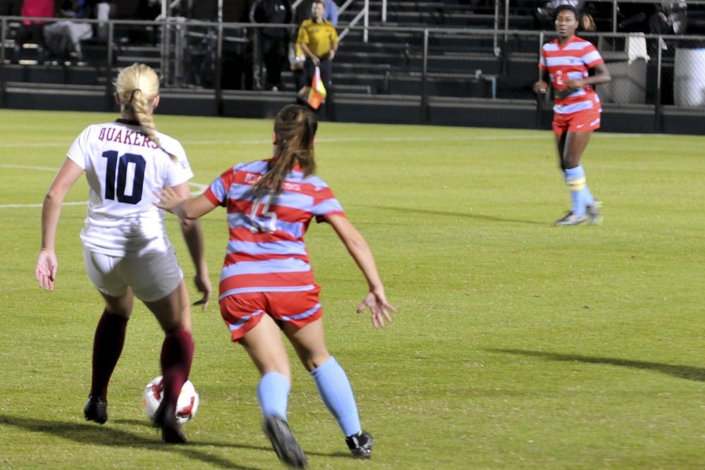 Freshman Emma Loving opened the scoring for Penn women's soccer just 1:43 into the game with a firecracker into the upper left corner as the Quakers breezed past Delaware State, 4-0.