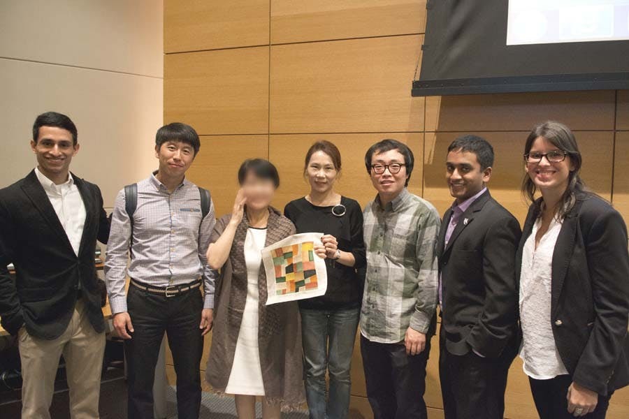 	Hirsh Shah (far right), Sunghyun Hong, North Korean Defector Azalea Kim, Translator and Jokakbo liaison Yungwon Choi, Won Lee, Yadavan Mahendraraj, and Bianca Faccio at the event.