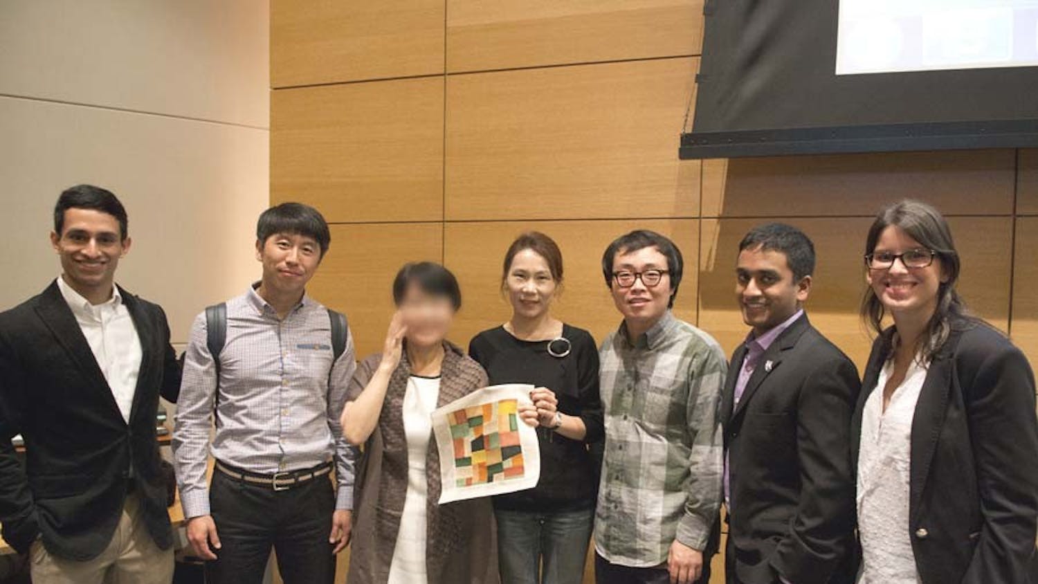 Hirsh Shah (far right), Sunghyun Hong, North Korean Defector Azalea Kim, Translator and Jokakbo liaison Yungwon Choi, Won Lee, Yadavan Mahendraraj, and Bianca Faccio at the event.