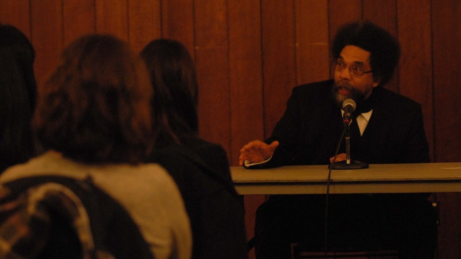 Cornel West, a philosopher and academic from Princeton University, speaks with Penn professor Christopher Phillips and a small audience of students in the Amado Recital Hall at Irvine Auditorium.