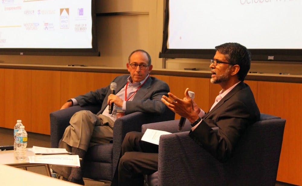 Dr. Mike Zisman (left) and Dr. Vijay Kumar (right) lead the second keynote event discussing the state of innovation at the Penn Innovation Conference this past Saturday | Courtesy of Ishmam Ahmed
