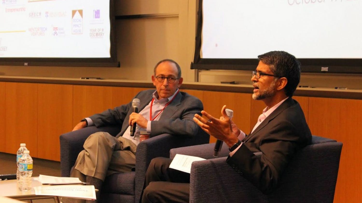 Dr. Mike Zisman (left) and Dr. Vijay Kumar (right) lead the second keynote event discussing the state of innovation at the Penn Innovation Conference this past Saturday | Courtesy of Ishmam Ahmed